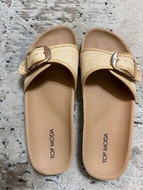 TOP Moda Beige Woven Slide Sandals with Gold Buckle